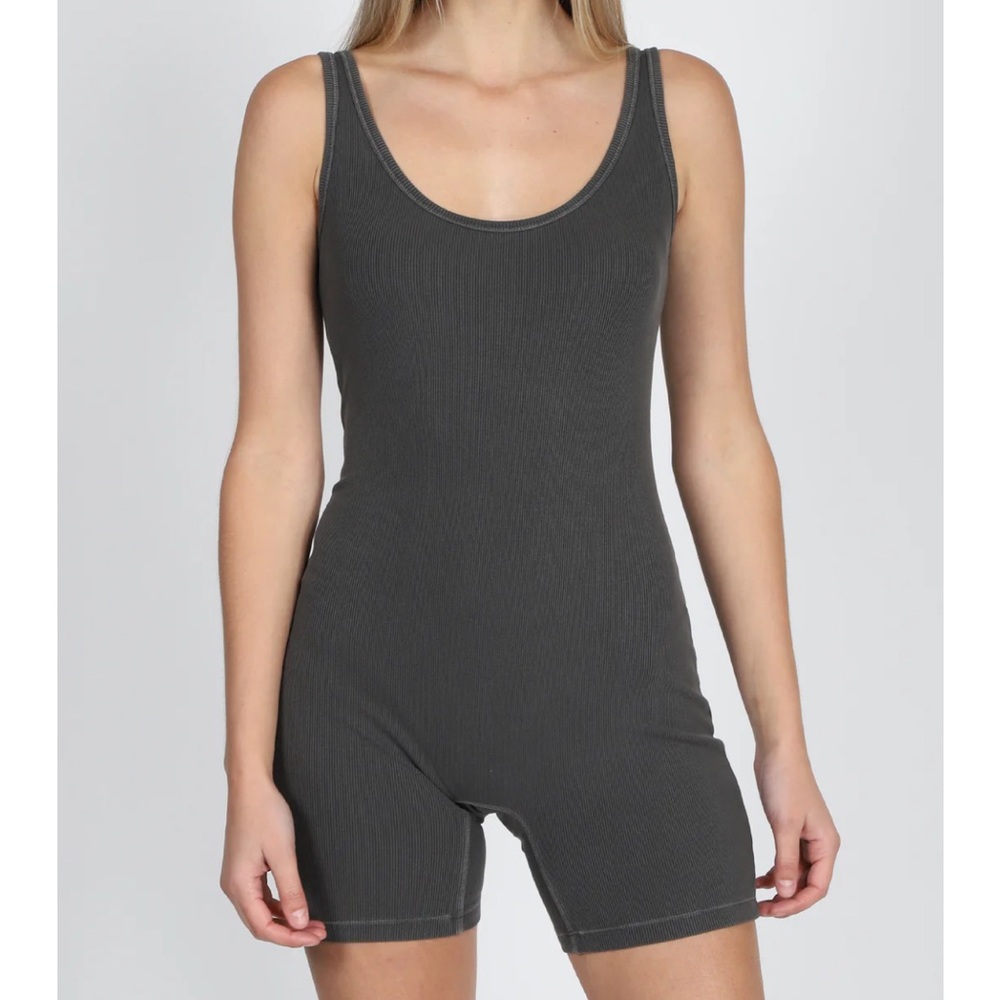 Brunette the Label Scoop Neck Ribbed Romper, Washed Grey.
